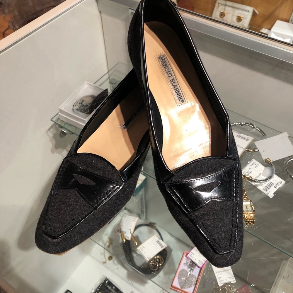 Manolo Blahnik gray flannel flats.